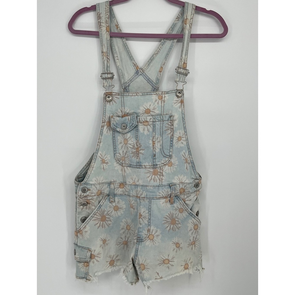 No Boundaries Daisy Floral Denim Shortalls Women L JR 11-13 Light Wash Blue Boho